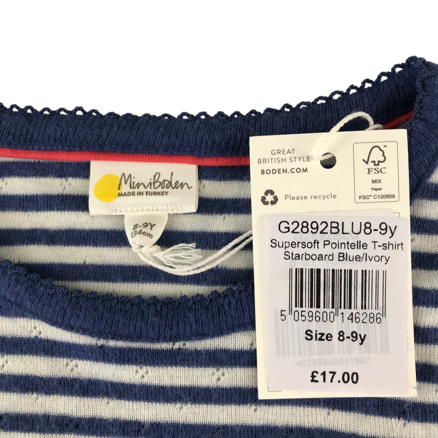 Boden t-shirt 8-9 years navy and white stripy supersoft pointelle starboard