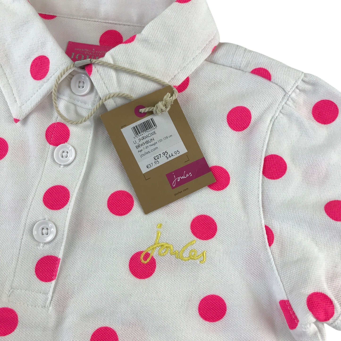 Joules polo shirt 7-8 years white with pink polka dots and rabbit patch