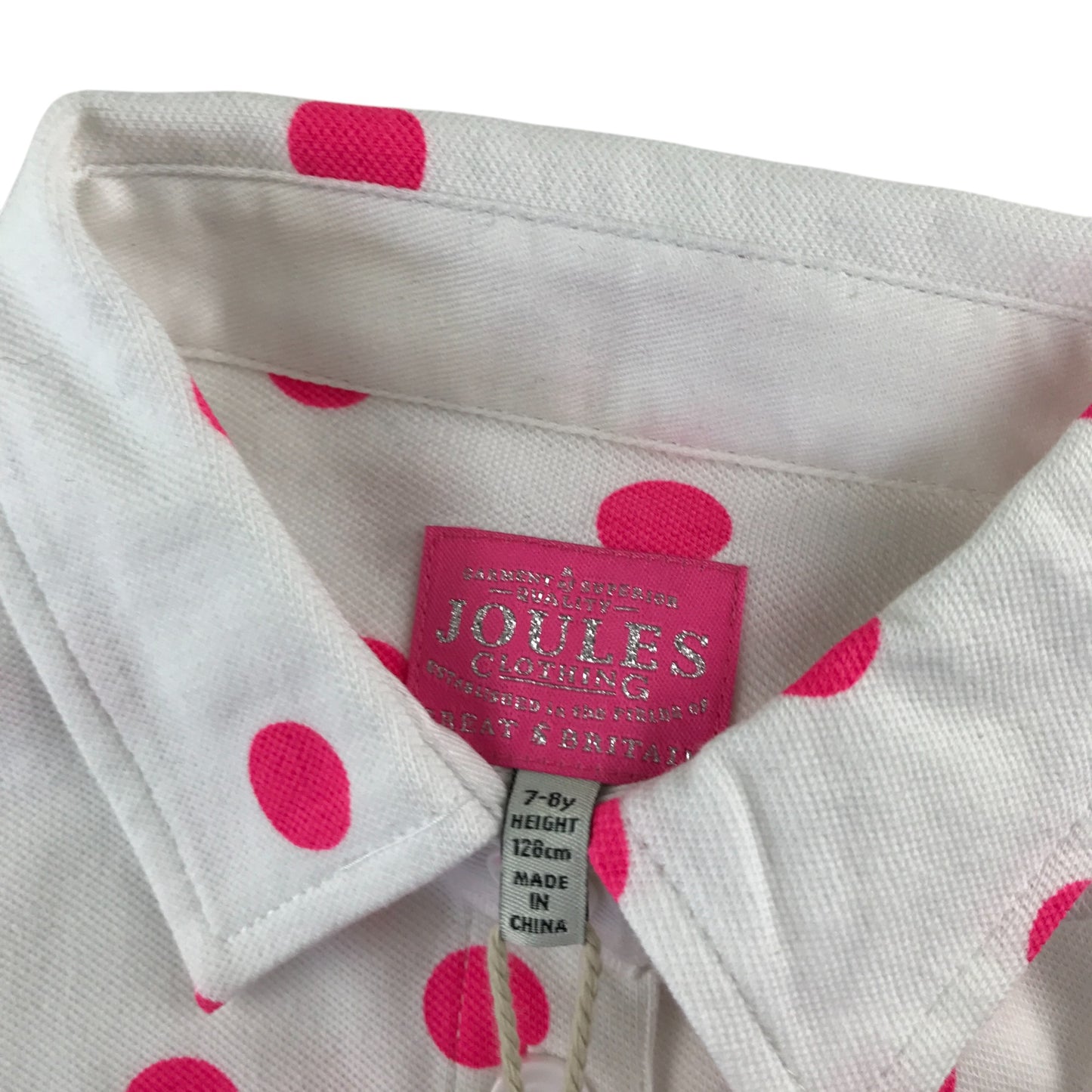 Joules polo shirt 7-8 years white with pink polka dots and rabbit patch