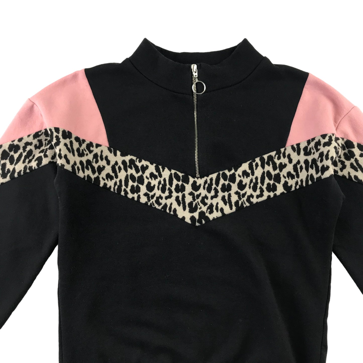 Matalan sweater 10 years black with animal print stripe though chest and pink shoulders
