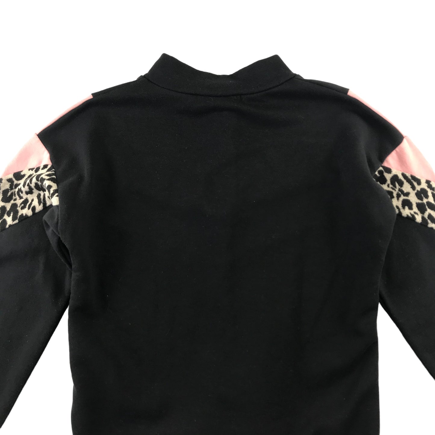 Matalan sweater 10 years black with animal print stripe though chest and pink shoulders