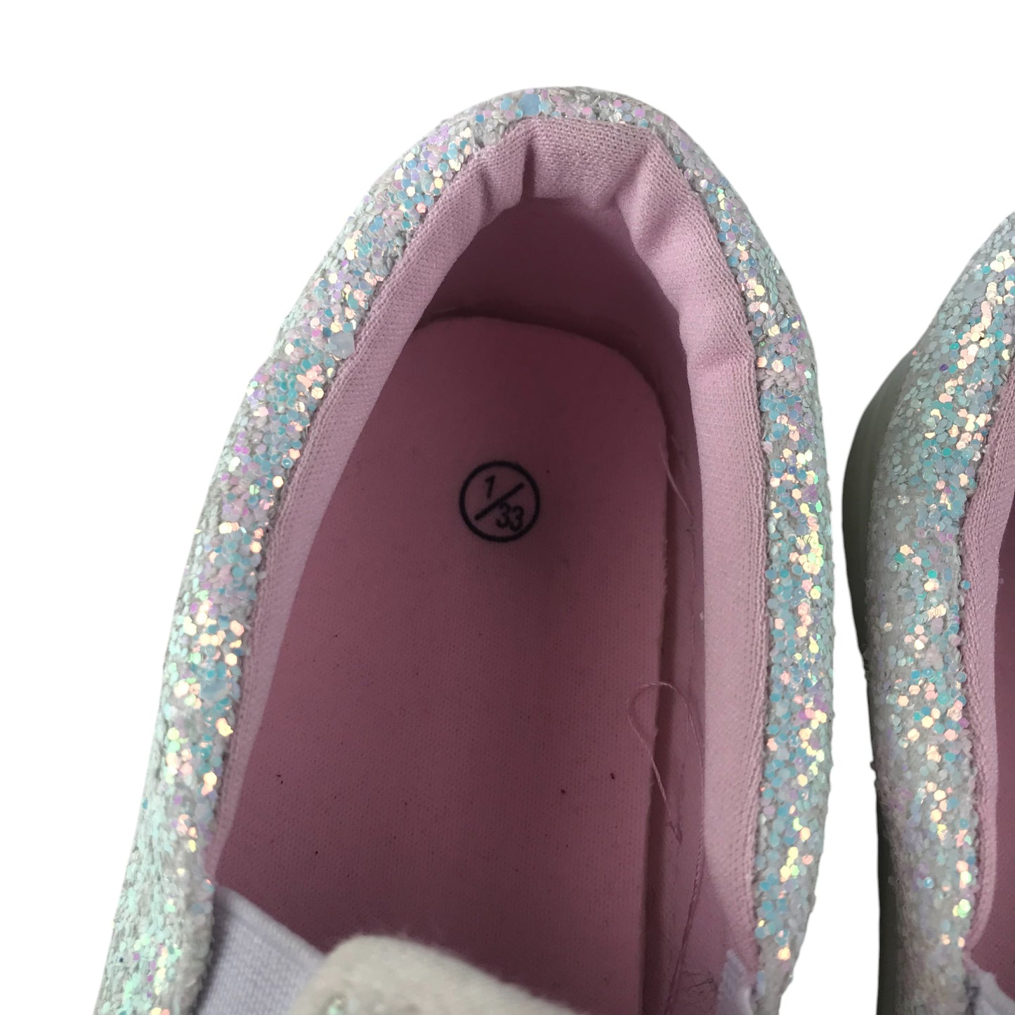 White glitter plimsolls shoe size 1 sparkly flat sole slipons