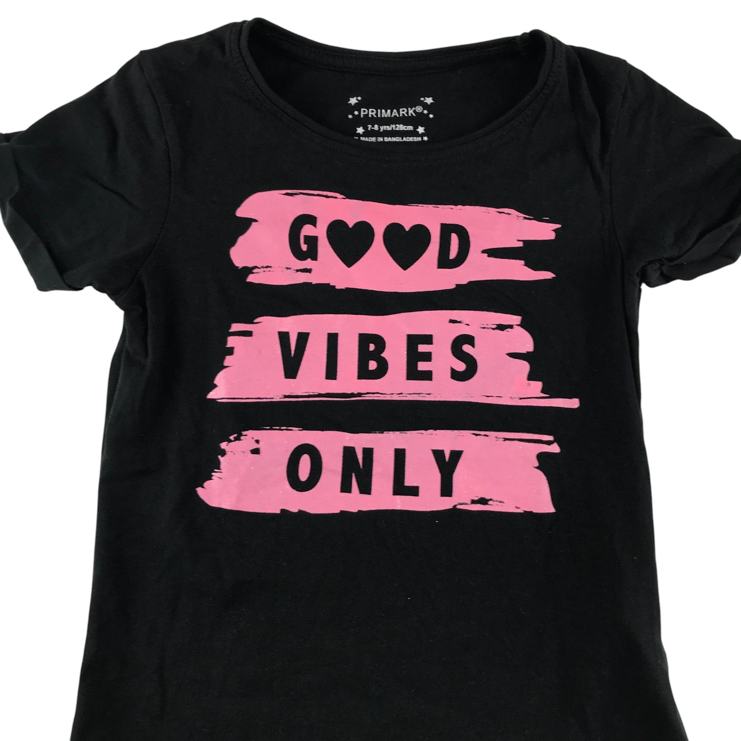 Primark t-shirt black Good Vibes Only pink print text short sleeve cotton