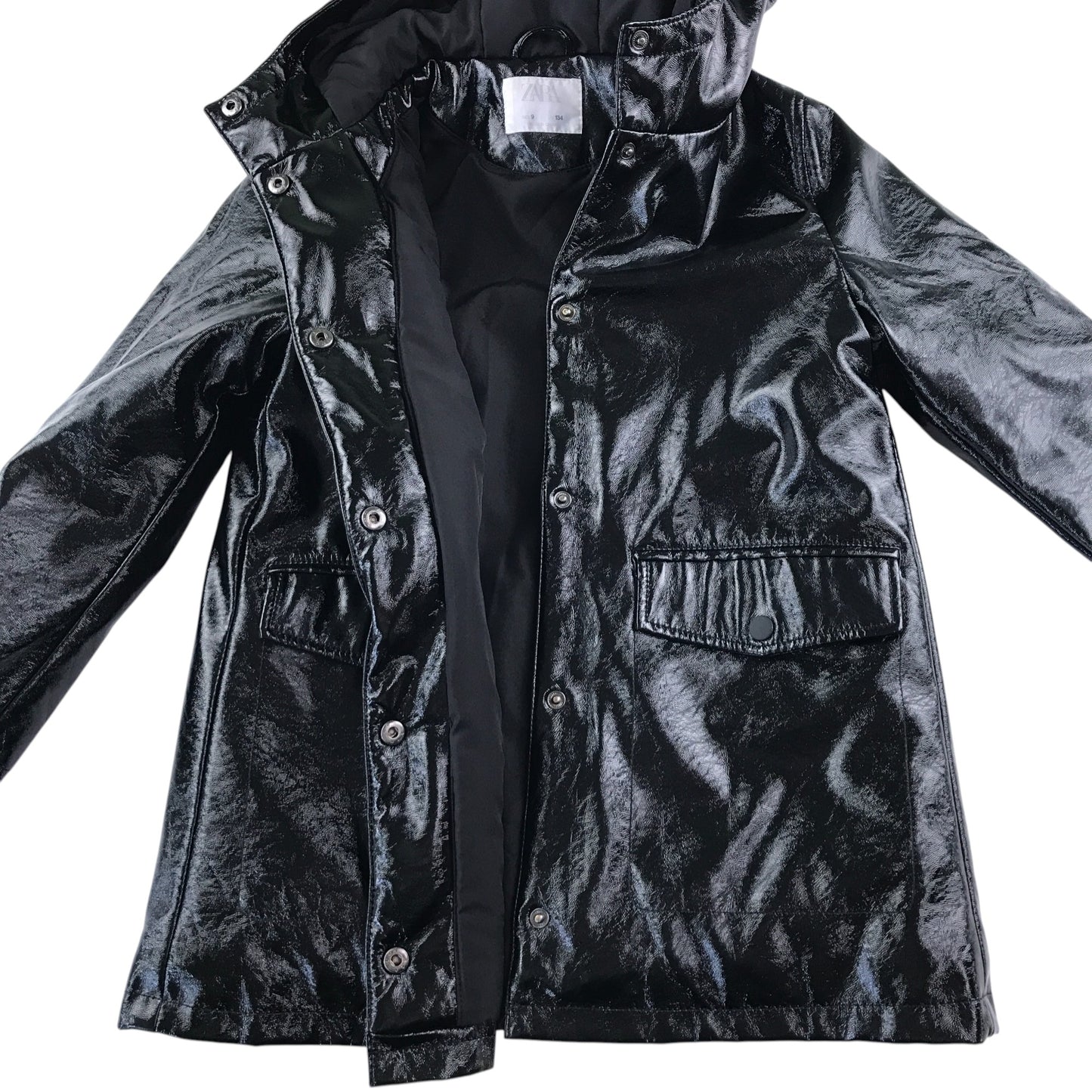 Zara Raincoat 8-9 years black shinny button up closure