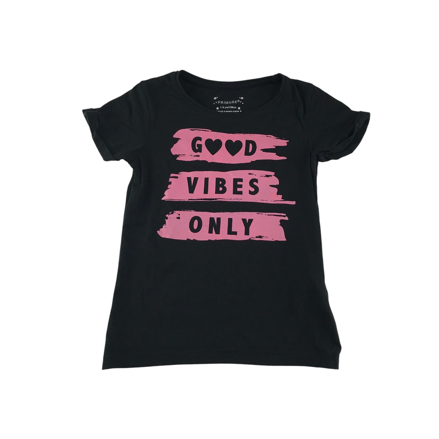 Primark t-shirt black Good Vibes Only pink print text short sleeve cotton