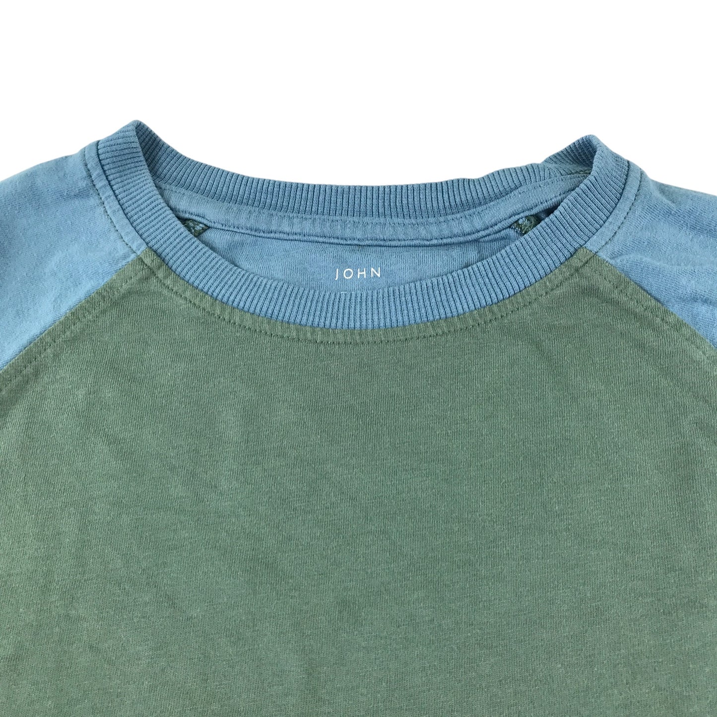 John Lewis t-shirt 8-9 years khaki body and blue long sleeve cotton