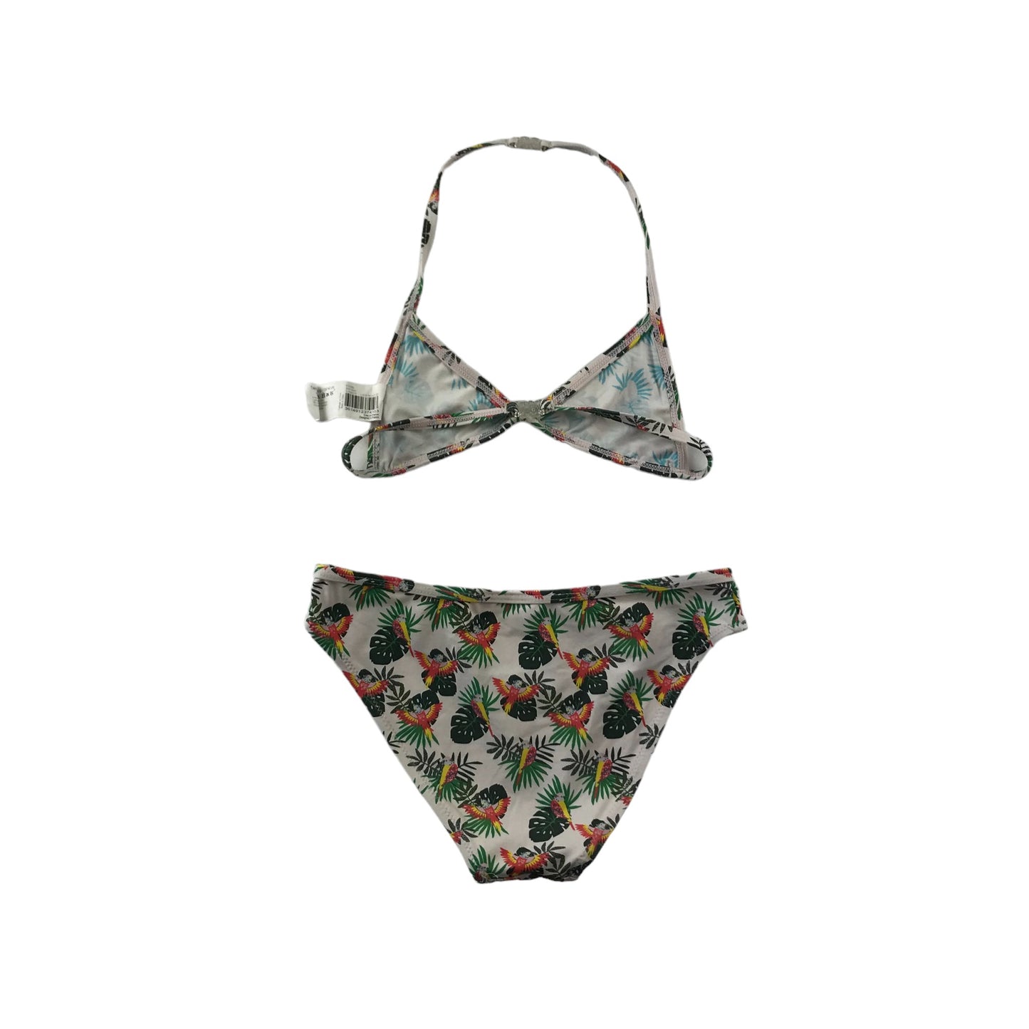 Monoprix Bikini Age 9 White and Green Parrots Print Pattern 2-Piece Set