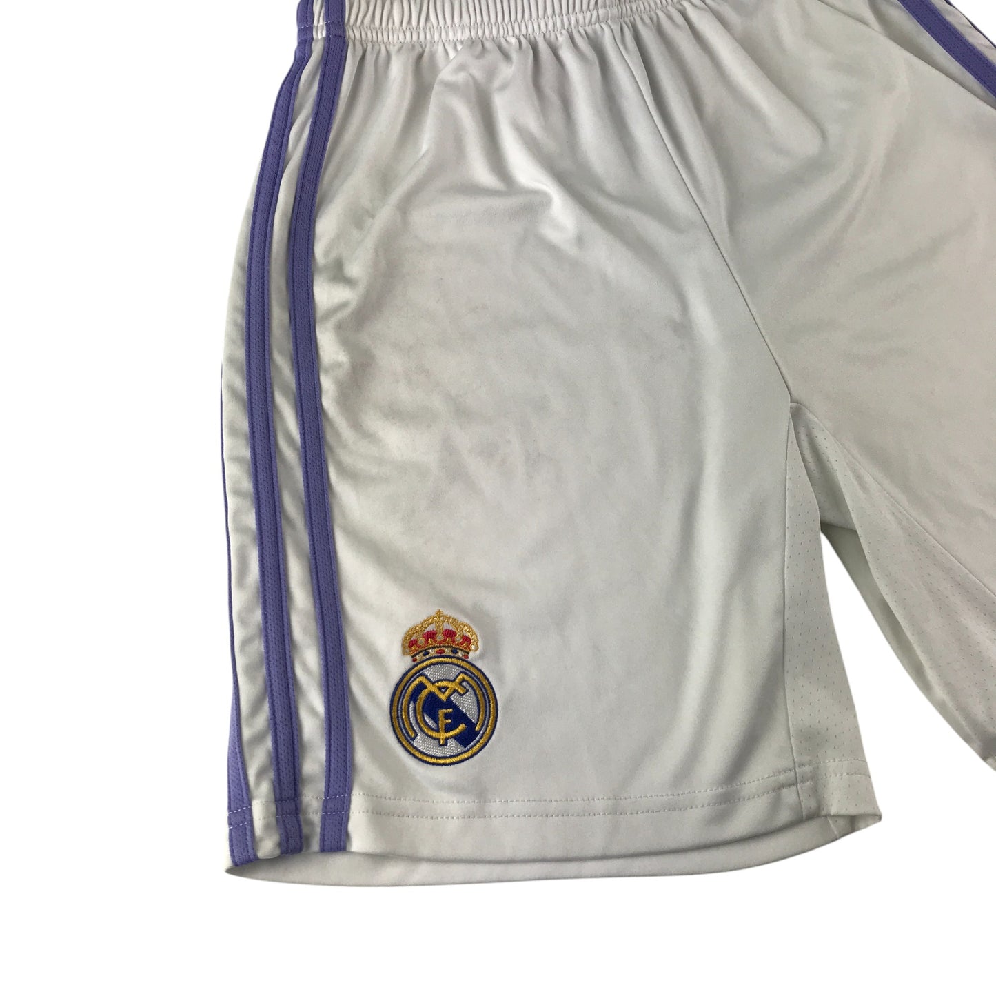 Adidas Real Madrid sport shorts 13-14 years white with 3 blue strips and logos