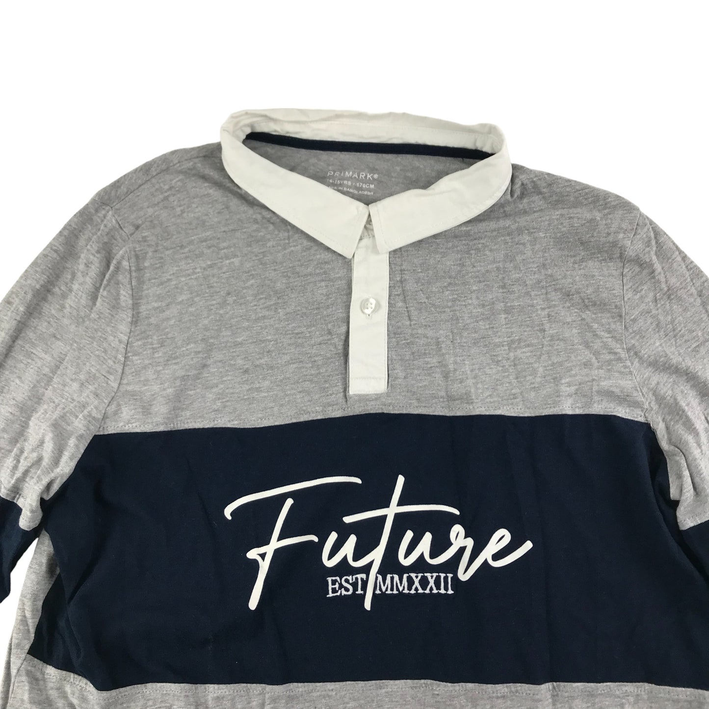 Primark Polo Shirt Age 14 Grey Long Sleeve Future Text Graphic