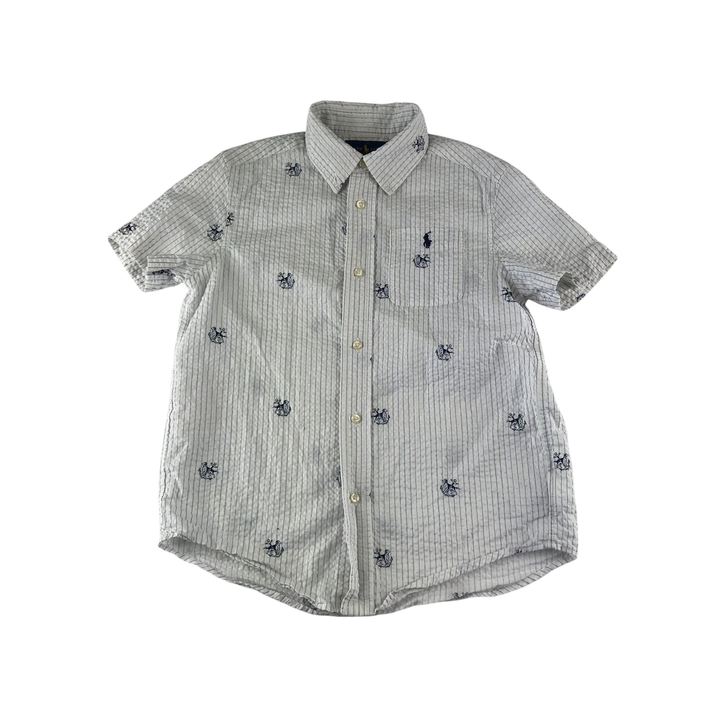 Ralph Lauren shirt 6-7 years white with blue strips and dog and anchor print design cotton