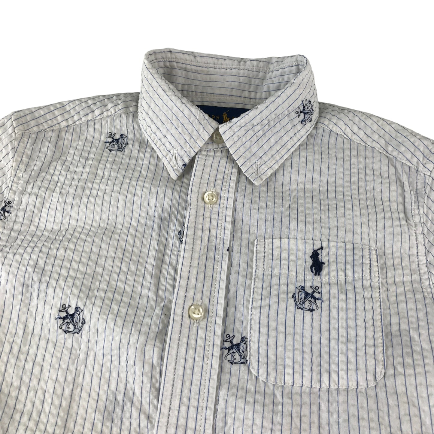 Ralph Lauren shirt 6-7 years white with blue strips and dog and anchor print design cotton