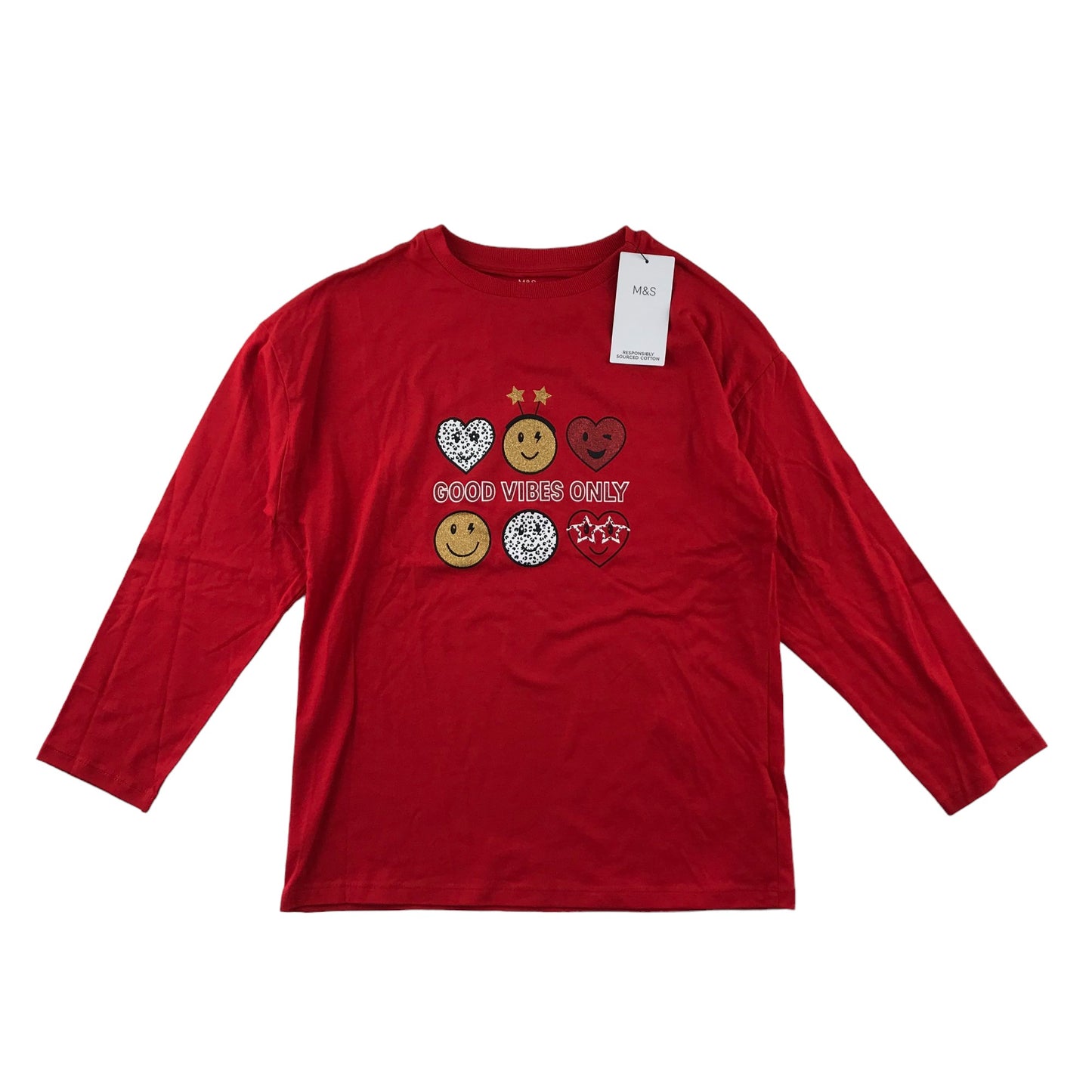 M&S T-Shirt Age 13 Red Silver Glitter Hearts 3/4 sleeves Cotton