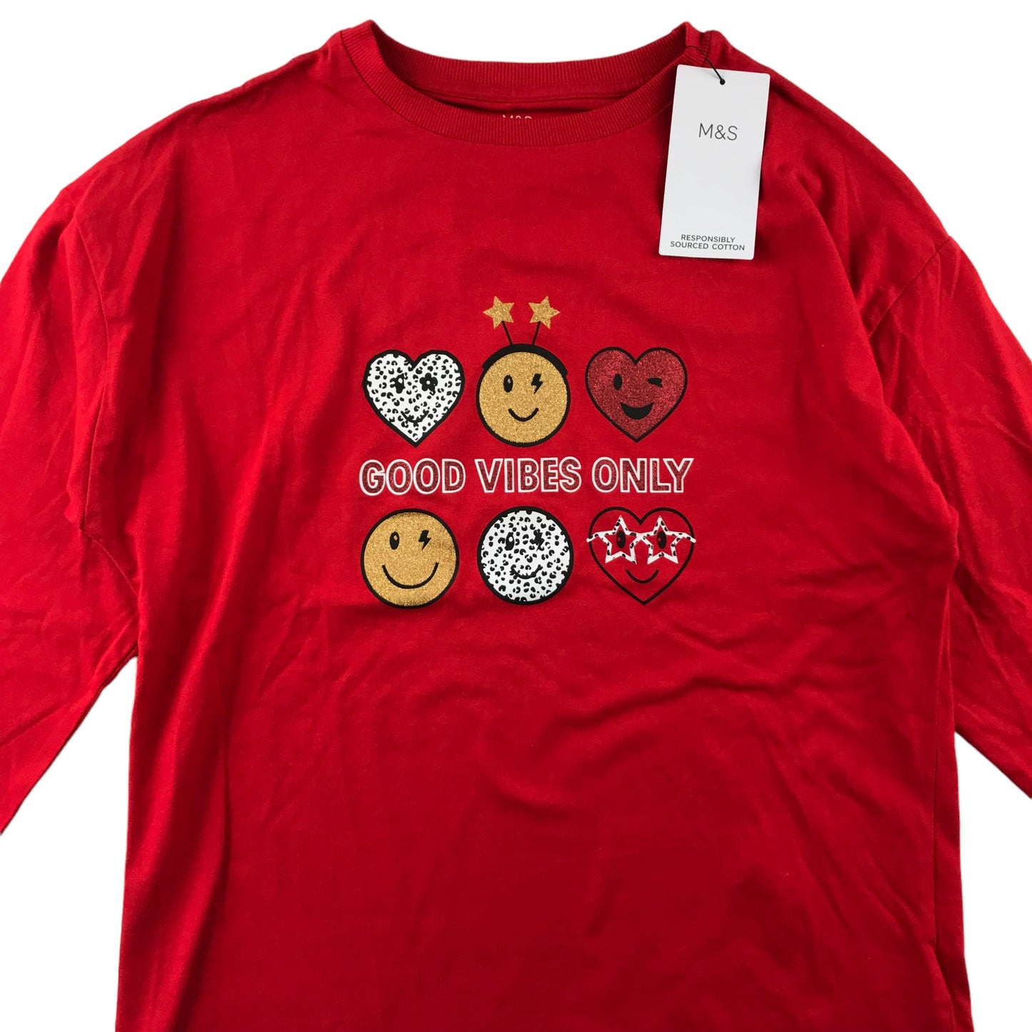 M&S T-Shirt Age 13 Red Silver Glitter Hearts 3/4 sleeves Cotton