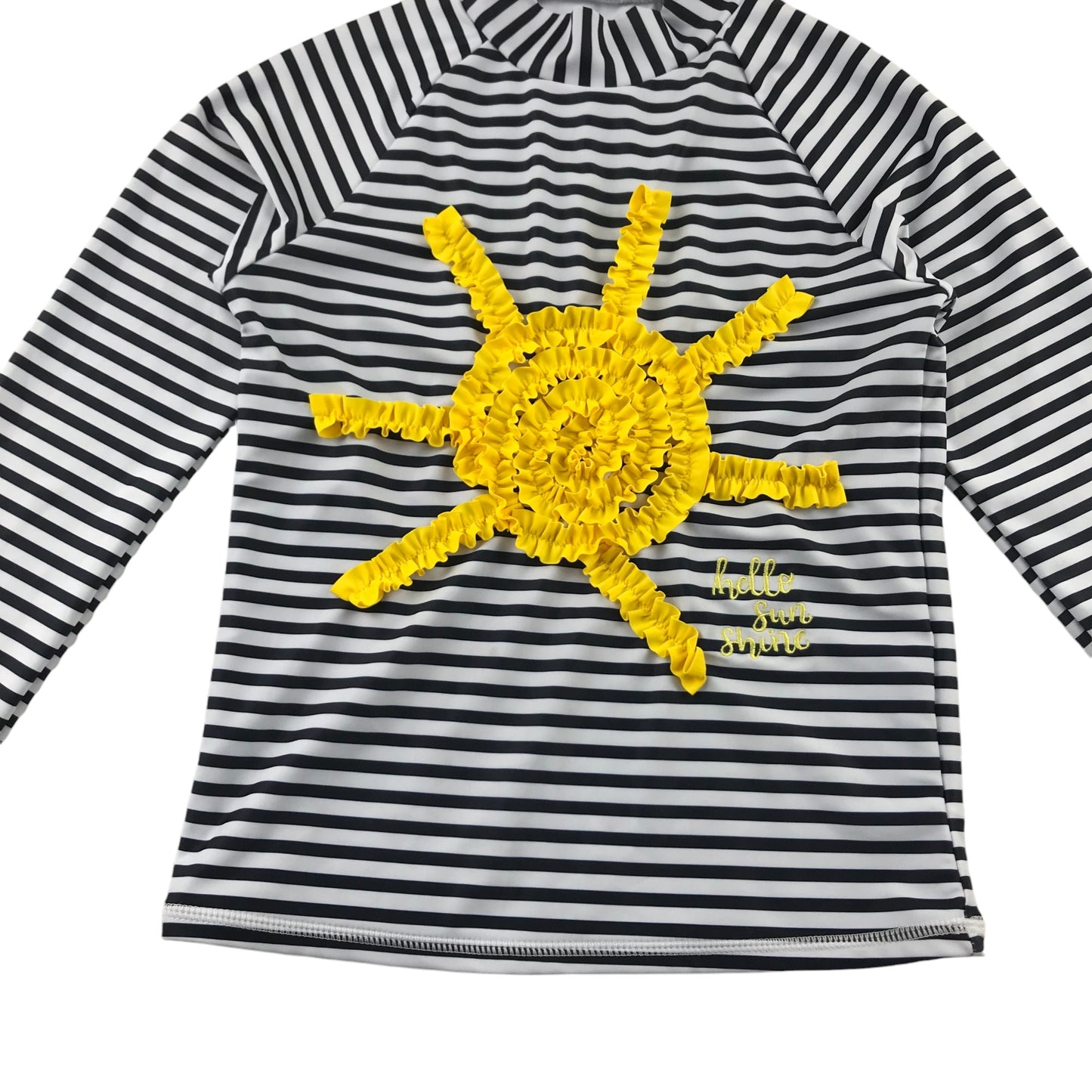 Tu Swimsuit 2 Piece 7-8 Years Black and White Stripy Top with Yellow Ruffled Sun and Bottoms