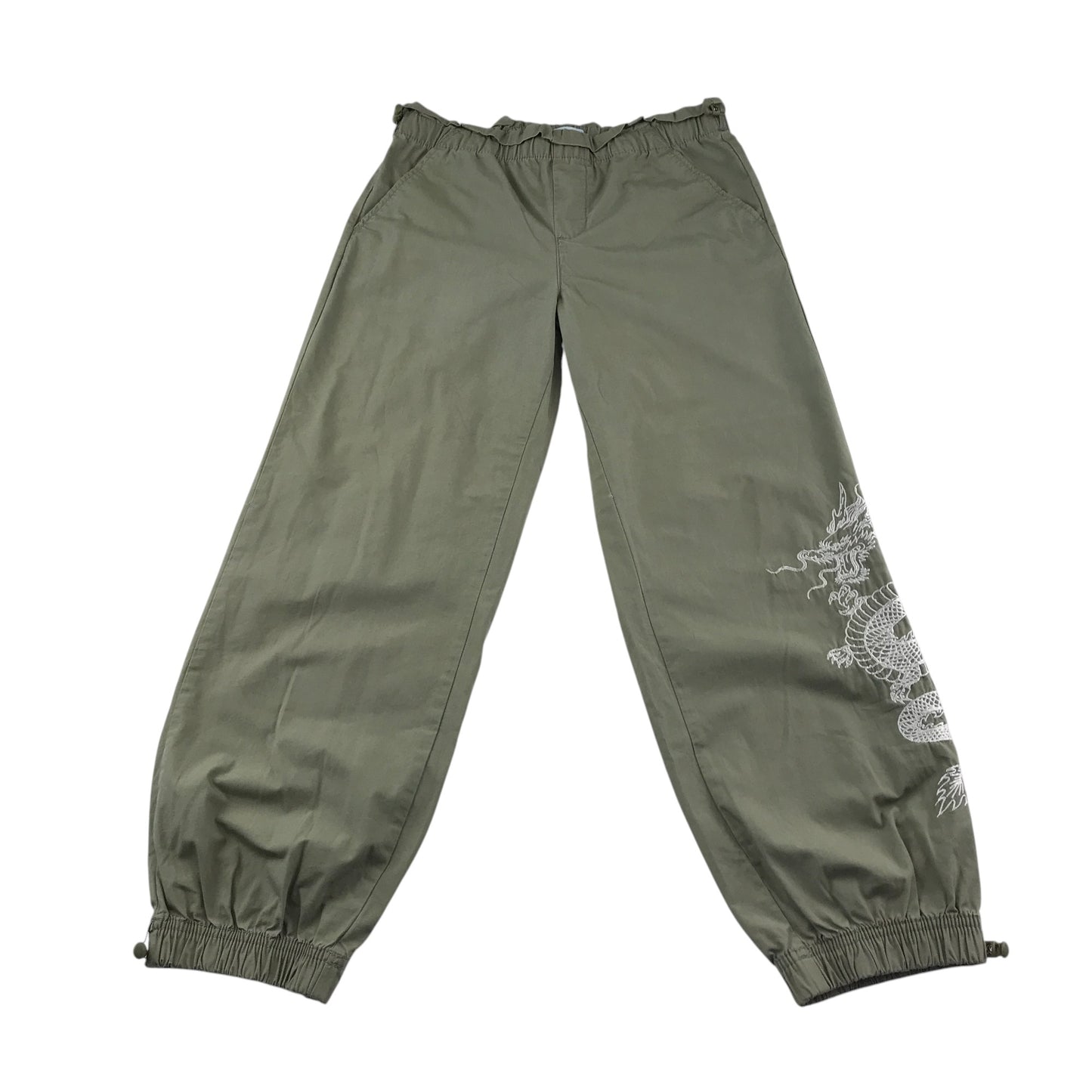 Primark jogger trouser 12-13 years khaki green dragon embroidery print cotton