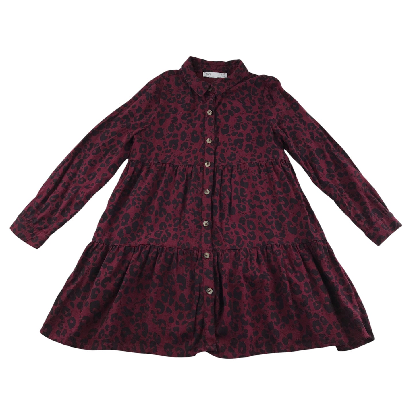 M&S Shirt Dress 7-8 Years Burgundy Button Up Leopard Print