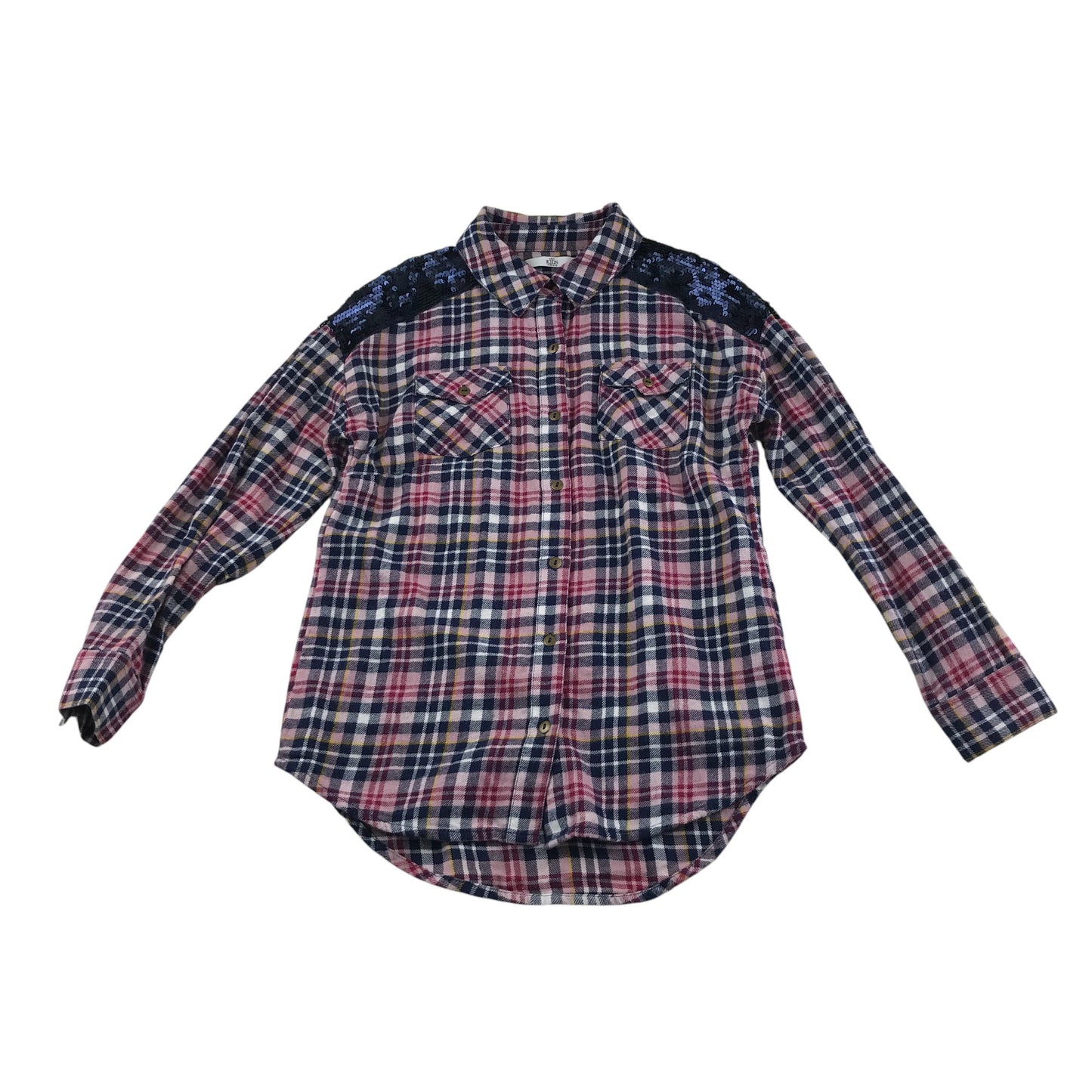 M&S Longline Shirt 9-10 years tan multicolour check button black sequins cotton