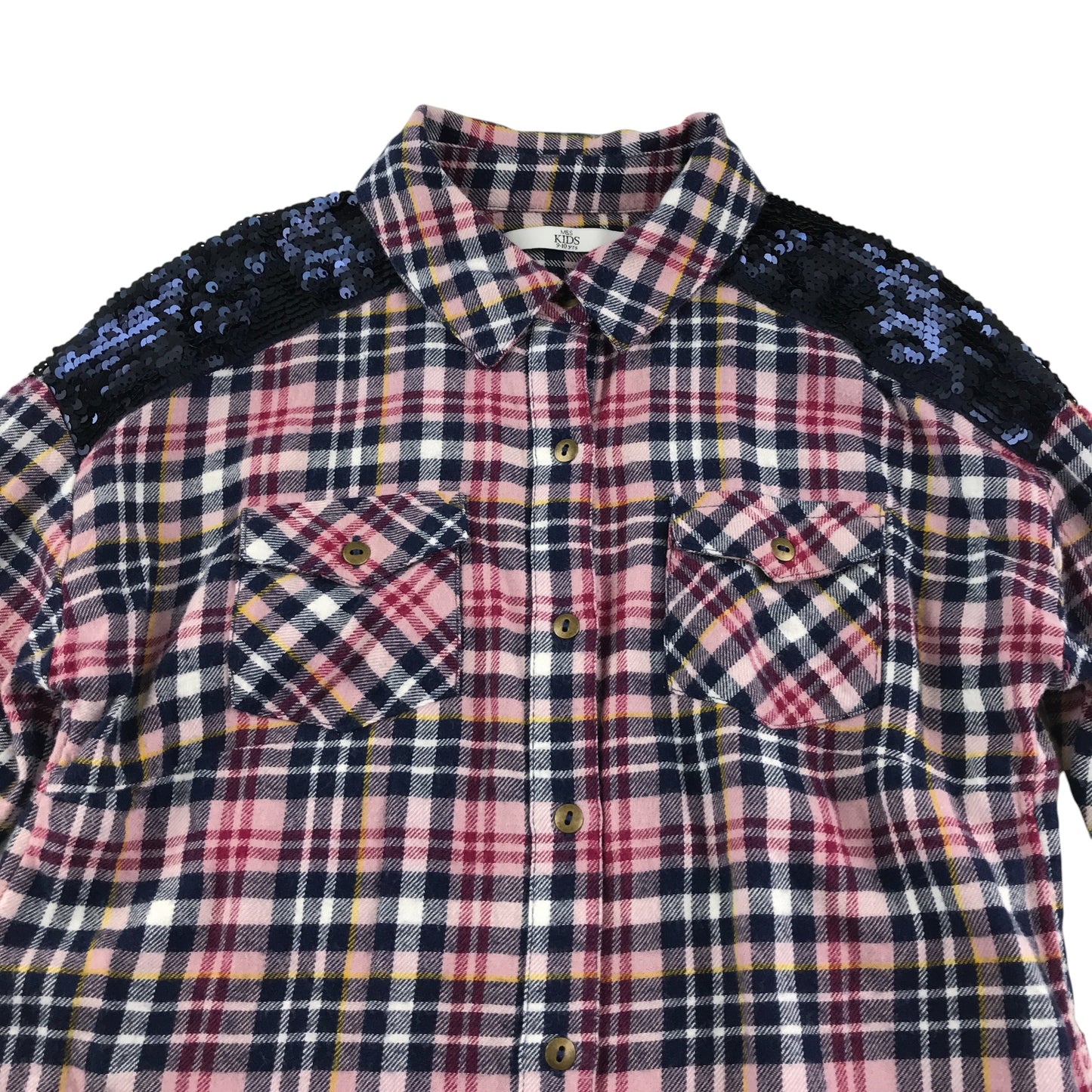 M&S Longline Shirt 9-10 years tan multicolour check button black sequins cotton
