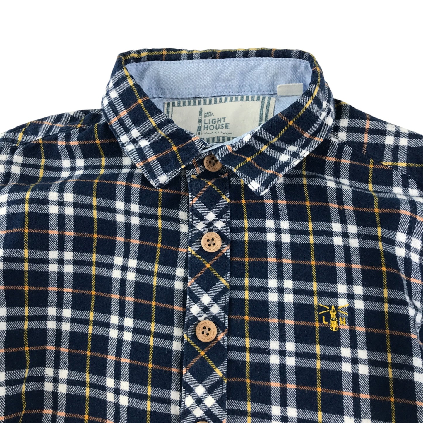 The Light House shirt 5-6 years navy with yellow checked pattern logo cotton