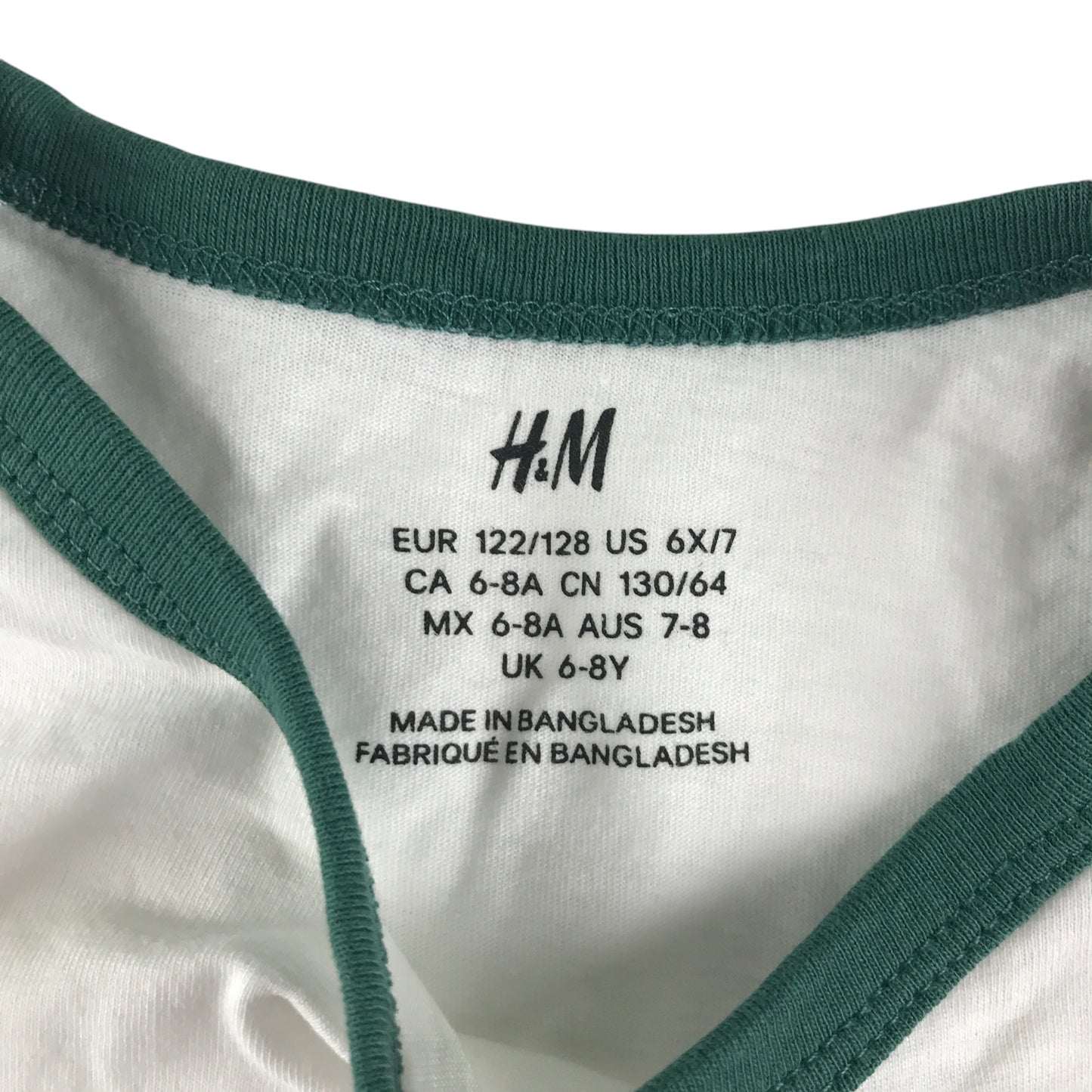 H&M t-shirt 7-8 years white with green sleeves cotton