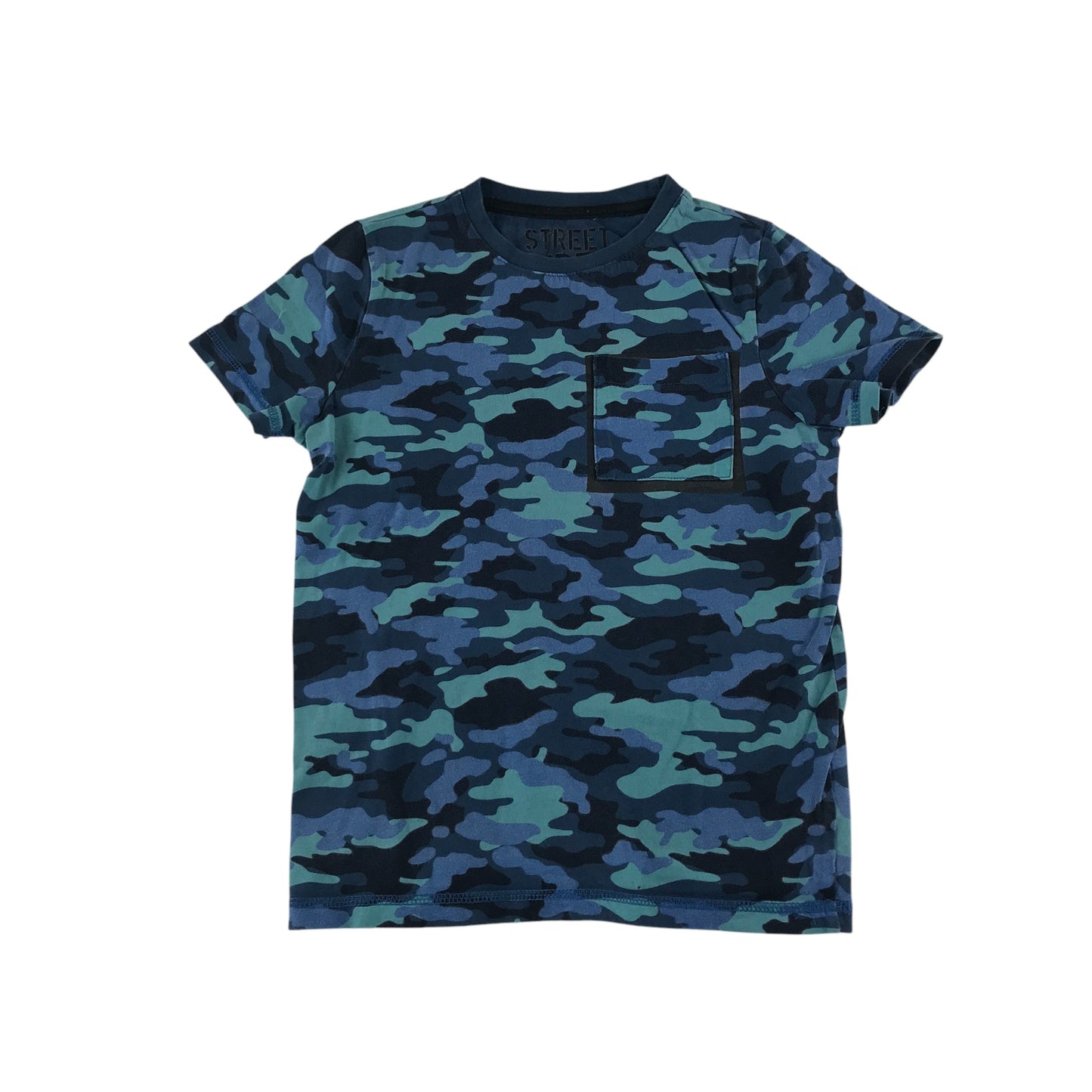 F&F t-shirt 8-9 years blue navy and black camo design with front pocket cotton