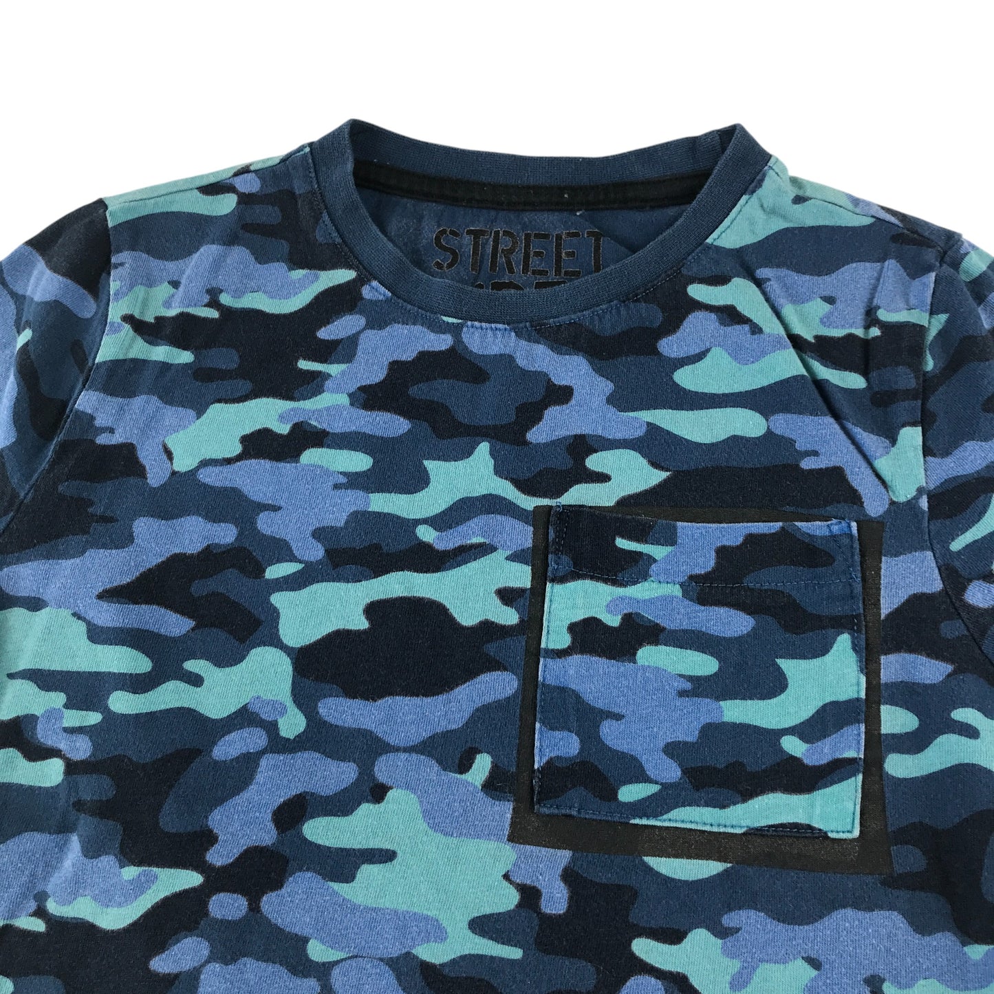 F&F t-shirt 8-9 years blue navy and black camo design with front pocket cotton