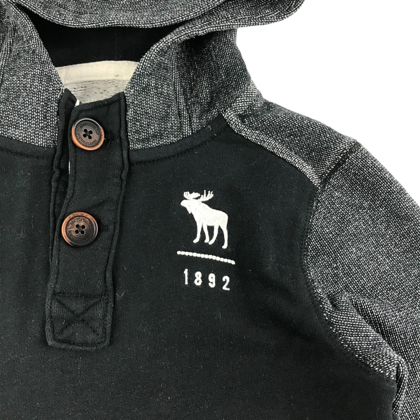 Abercrombie Hoodie Age 7 Black and Grey Panelled Pullover with button up neck