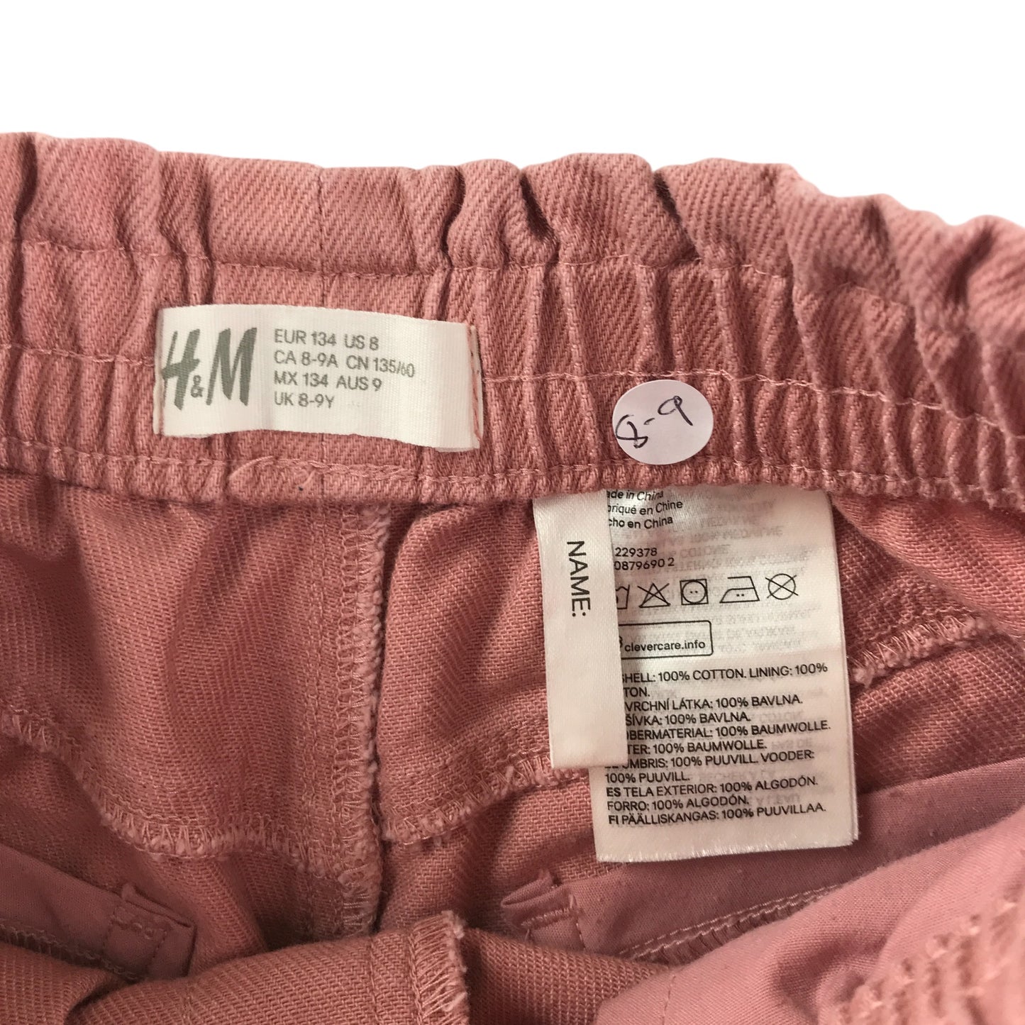 H&M trousers 8-9 years peachy pink denim style pull up cotton