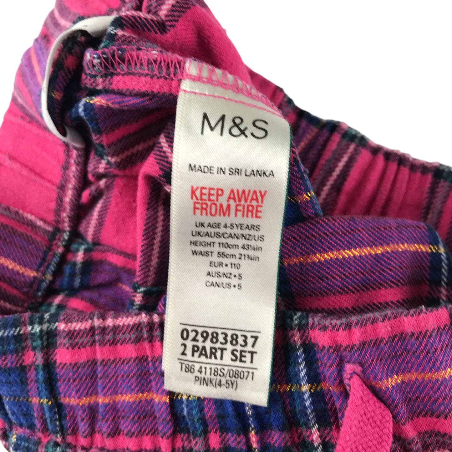 M&S pyjama set 4-5 years pink and navy check pattern cotton