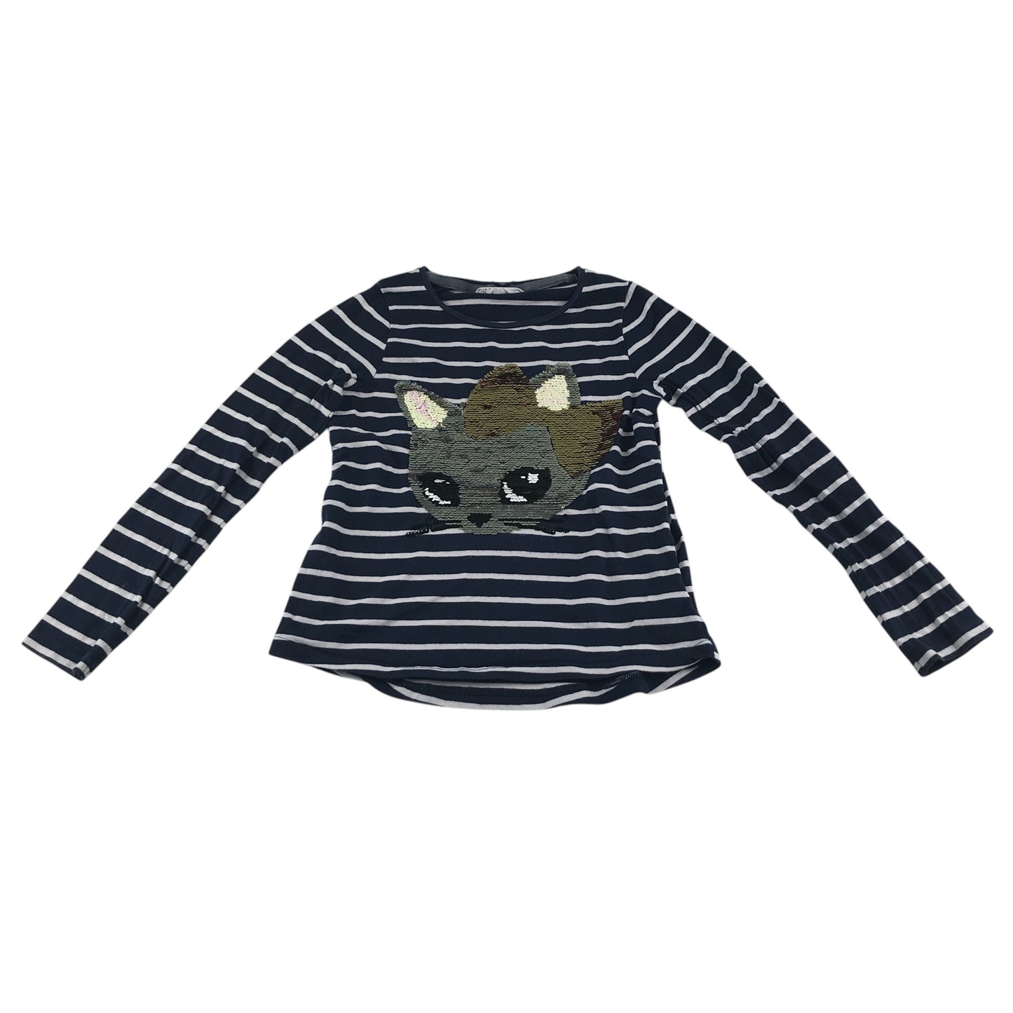 H&M t-shirt 7-8 years navy and white strips cat sequin reversible graphic