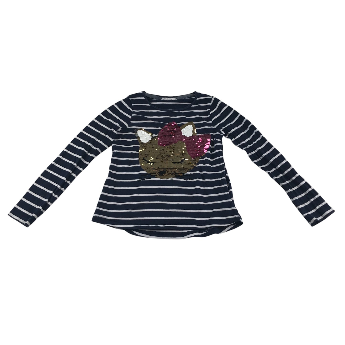 H&M t-shirt 7-8 years navy and white strips cat sequin reversible graphic
