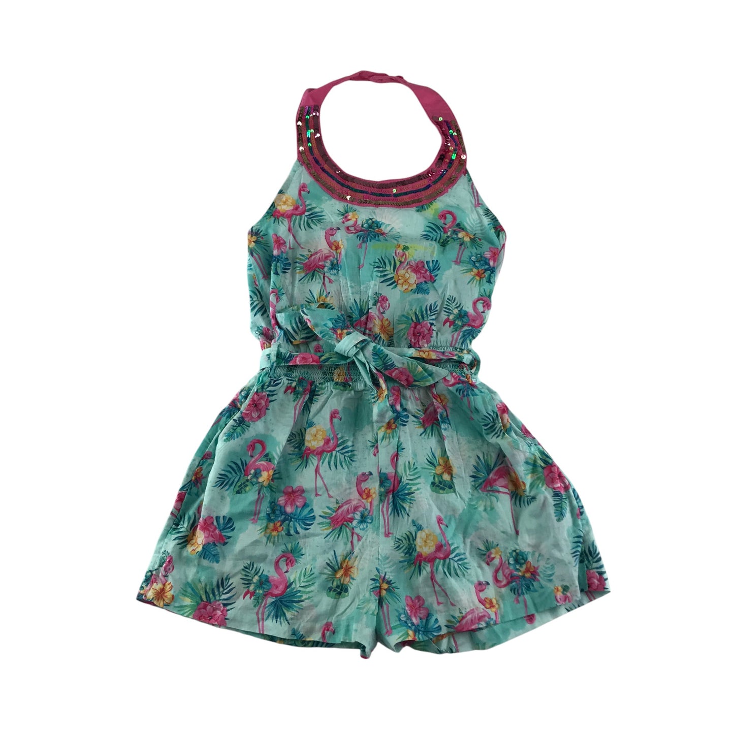 Monsoon playsuit 8-9 years blue flamingo short leg