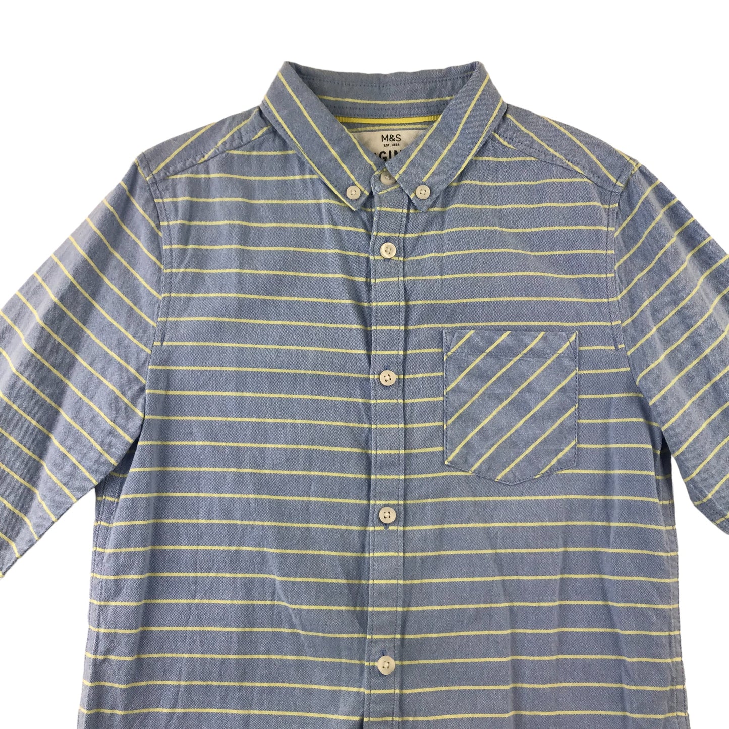 M&S shirt 7-8 years blue with yellow stripes full button up cotton