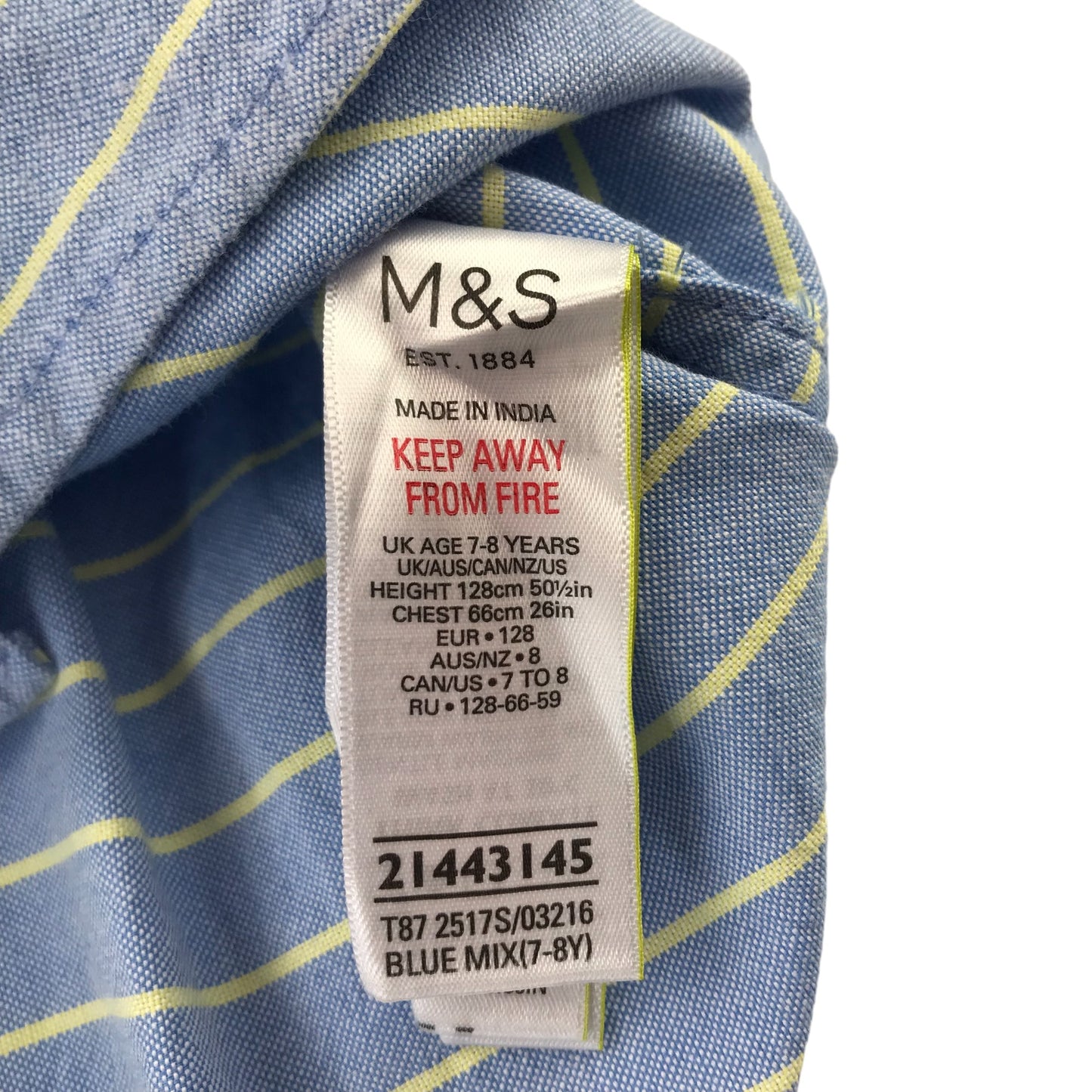 M&S shirt 7-8 years blue with yellow stripes full button up cotton