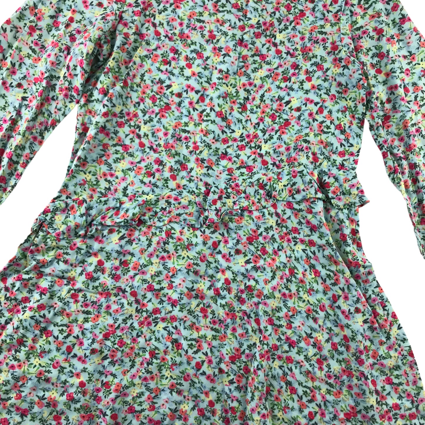 Next Dress Age 9 Light Blue and Green Floral Print Design Frilled Waist