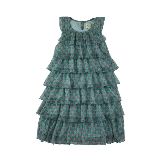 Yumi Dress Age 11 Turquoise Butterfly Print Design Layered