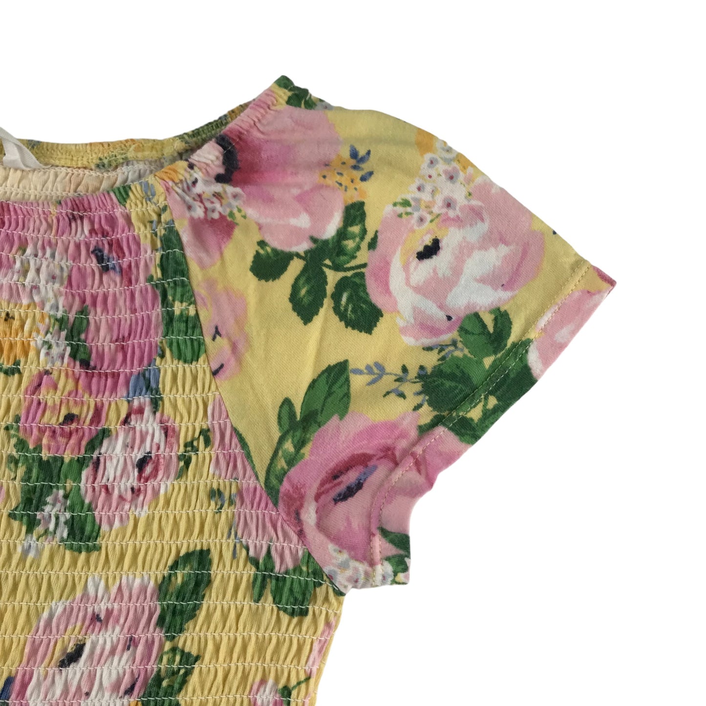 H&M Dress Age 9 Yellow Floral Print Design Pink Flowers Shirred Top