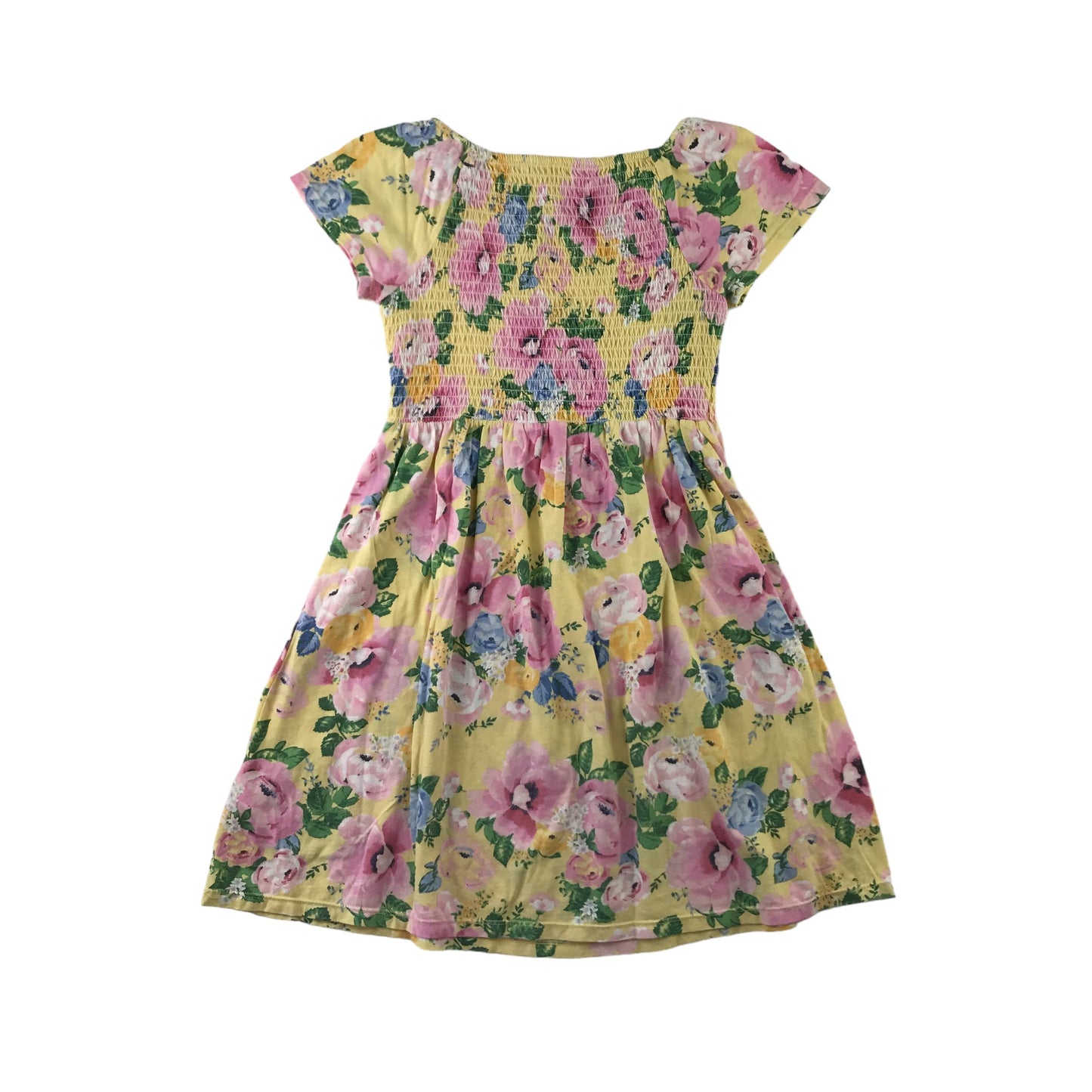 H&M Dress Age 9 Yellow Floral Print Design Pink Flowers Shirred Top