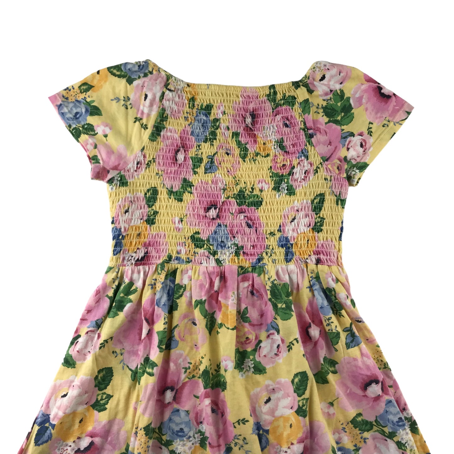 H&M Dress Age 9 Yellow Floral Print Design Pink Flowers Shirred Top