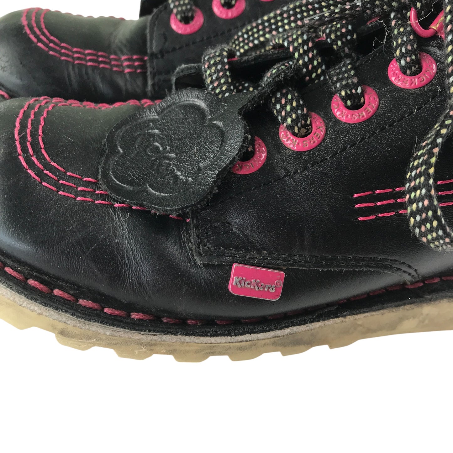 Kickers boots shoe size 2 black and pink colourway leather upper with back rubber soles