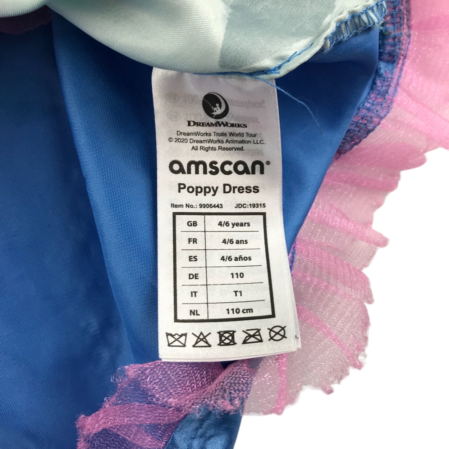 Amscan costume 4-6 years blue and Pink Trolls movie Poppy Dress