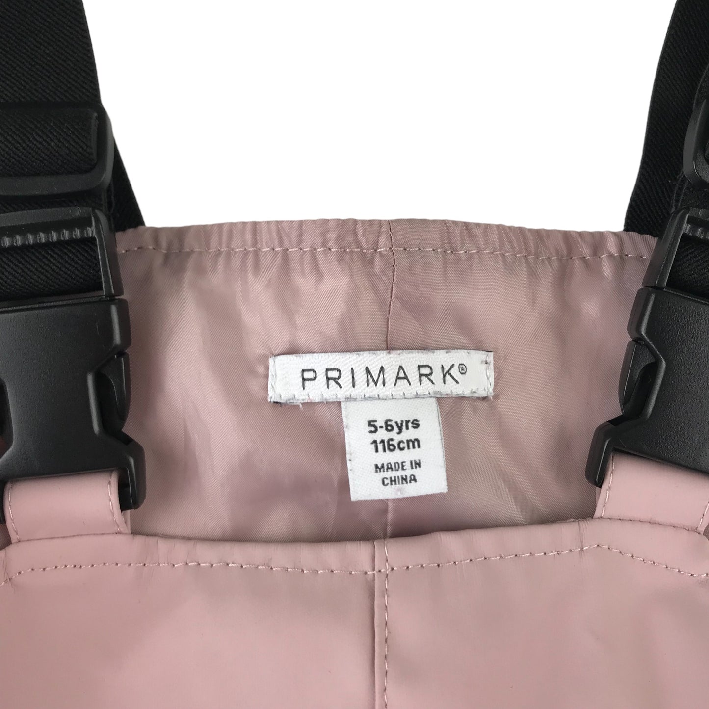 Primark Puddle trousers 5-6 yrs pink with navy hems and shoulder clip adjustable buckle