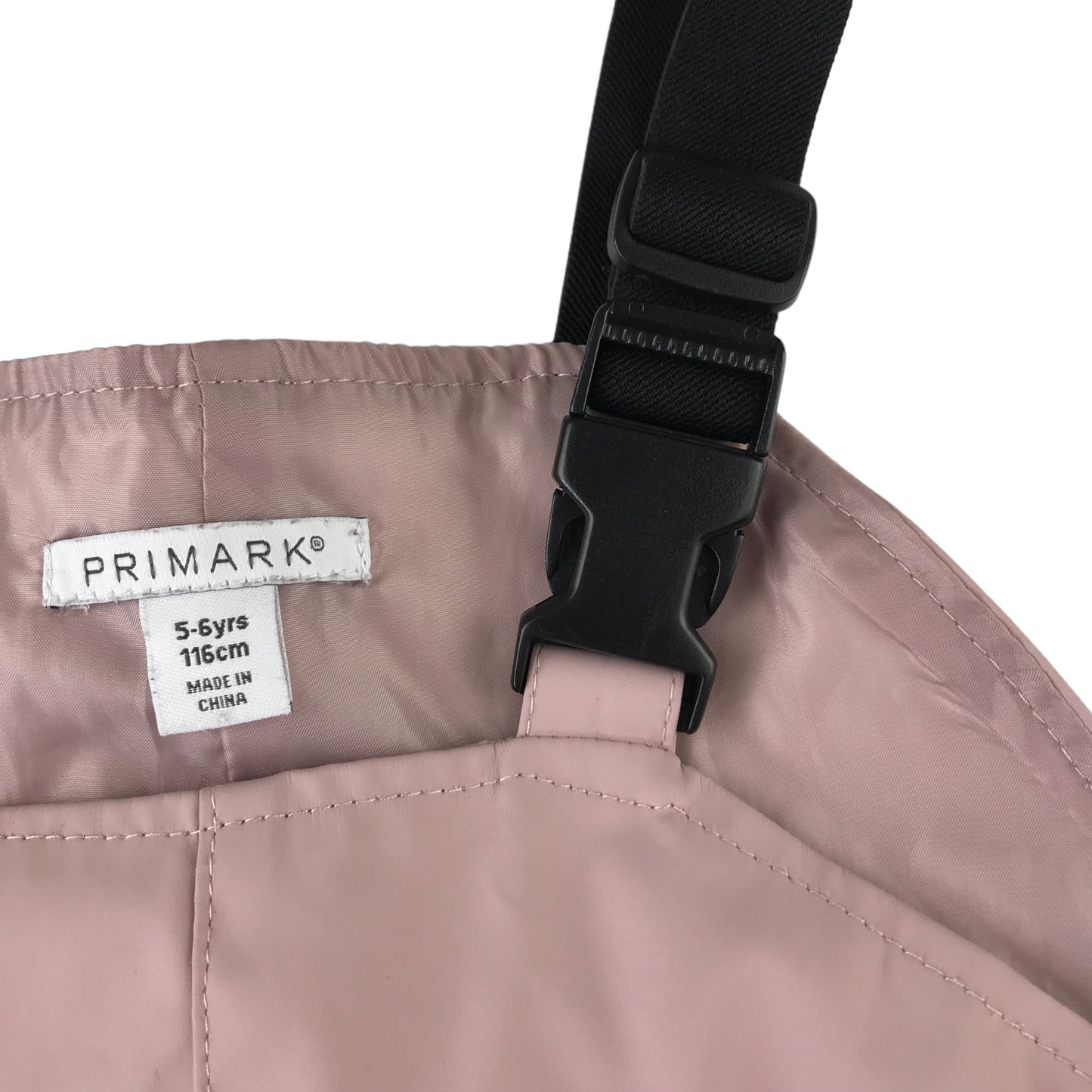 Primark Puddle trousers 5-6 yrs pink with navy hems and shoulder clip adjustable buckle