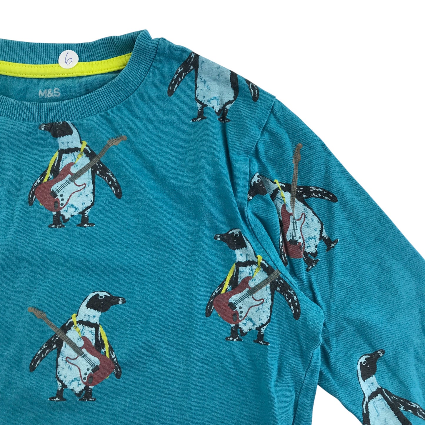 M&S t-shirt 6-7 years blue long sleeve penguin graphic print cotton