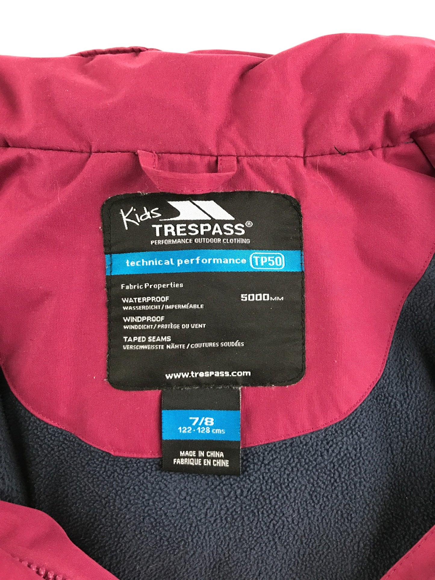 Trespass jacket 7-8 years pink waterproof hard shell fleece lining