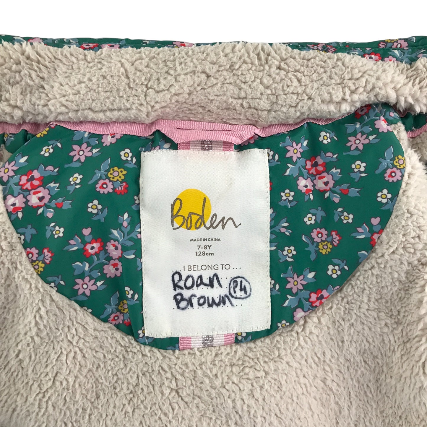 Boden jacket 7-8 years green floral print puffer with fluffy lining