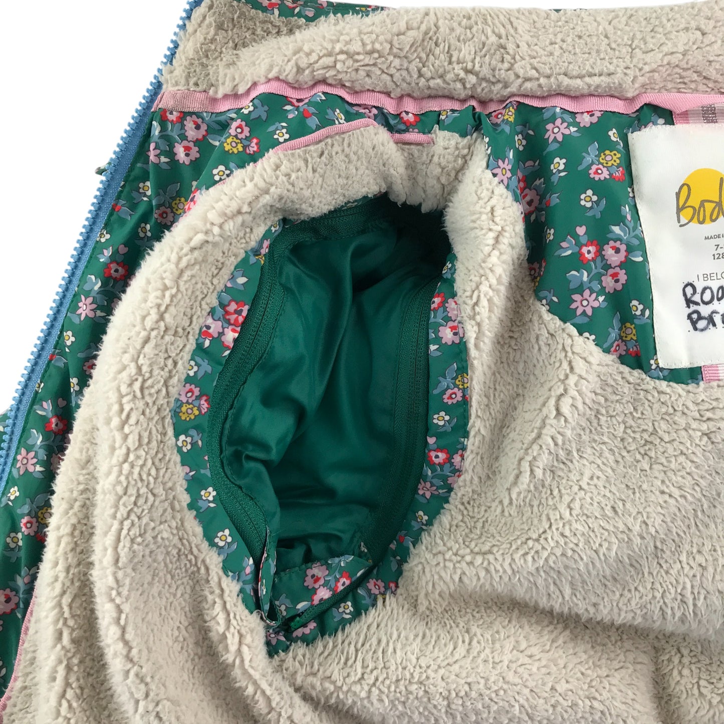 Boden jacket 7-8 years green floral print puffer with fluffy lining