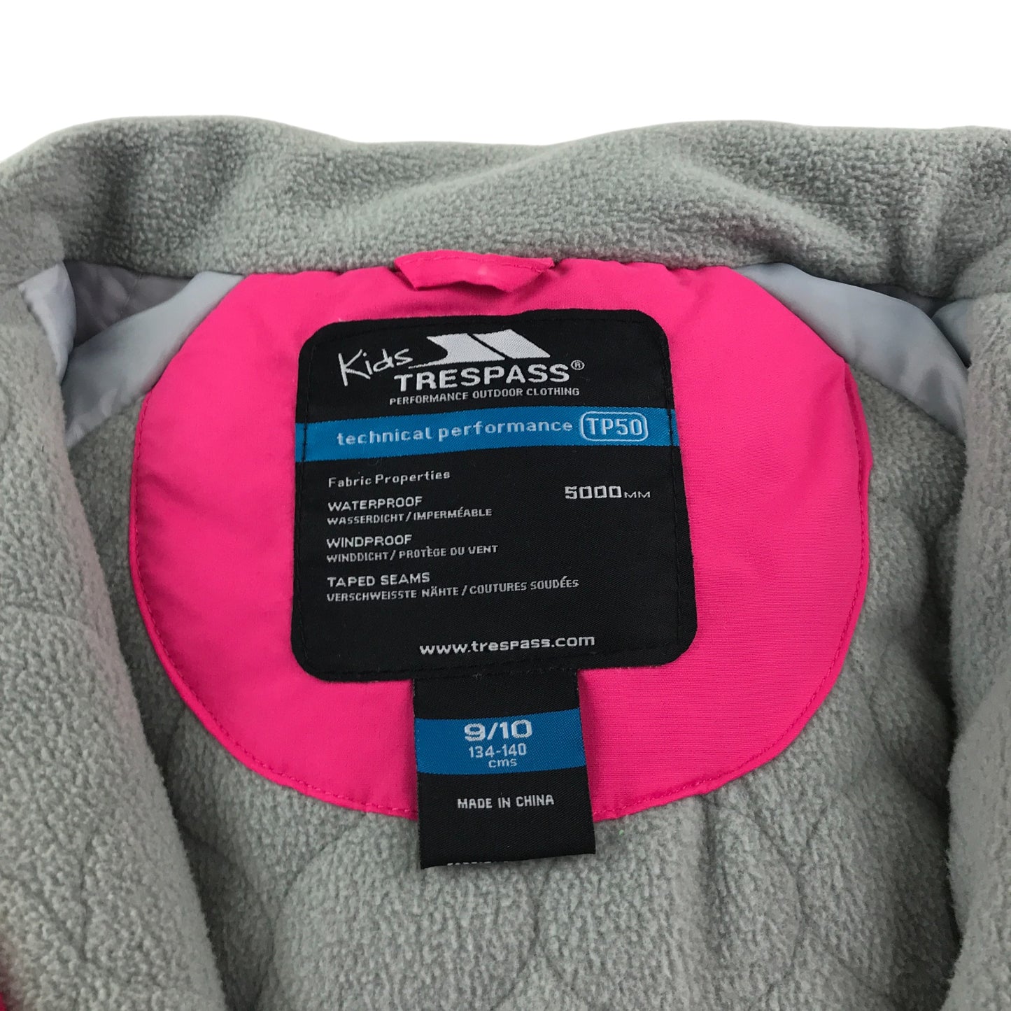 Trespass jacket 9-10 years pink waterproof hard shell fleece lining