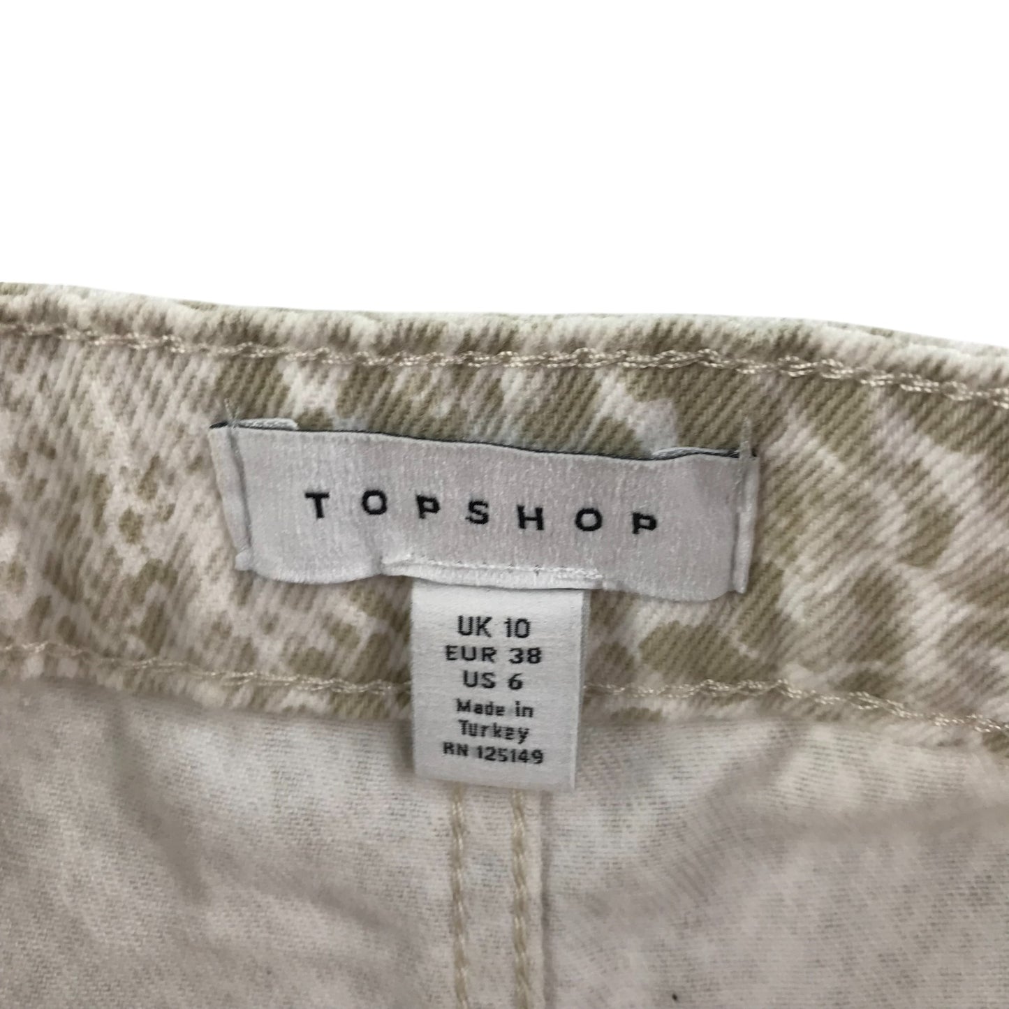 Top Shop skirt women's size UK 10 white and beige denim snake skin pattern cotton