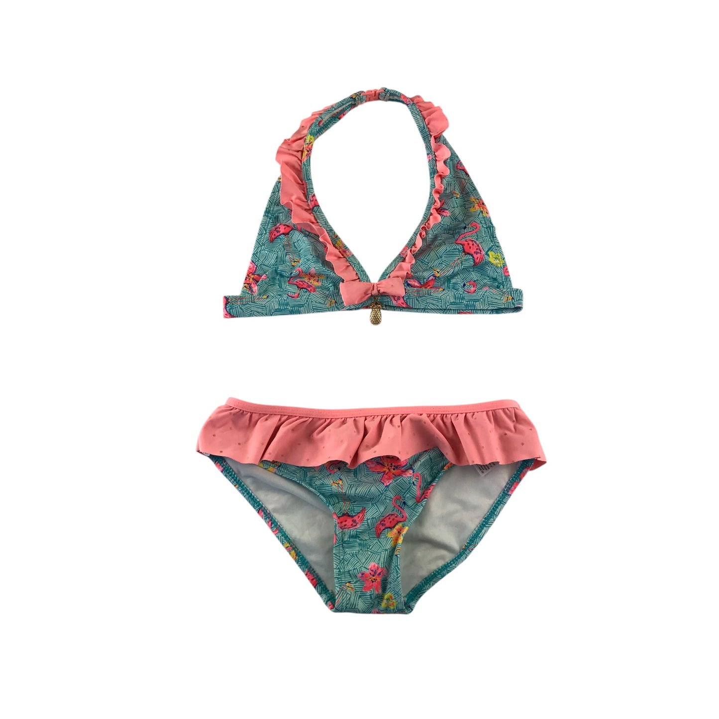 Monsoon swimsuit 7-8 years mint and pink flamingo design with frills 2 piece set
